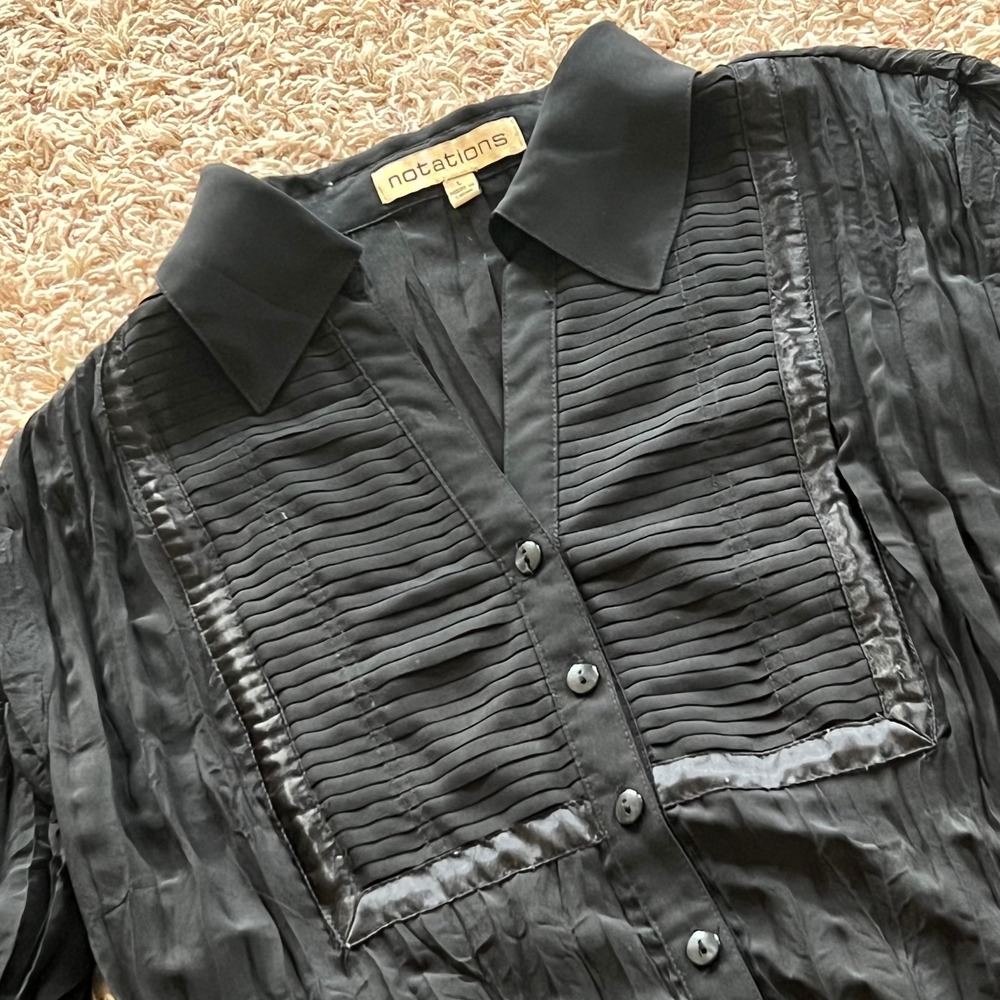 Notations Black Pleated Crinkle Button Down Blouse Long Sleeve Bib Front Large